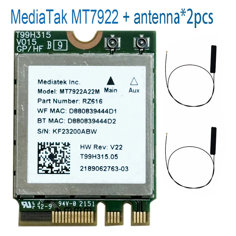 WiFi 6E MT7922 Tri-Band 2400Mbps M.2 NGFF Card + Bluetooth 5.2