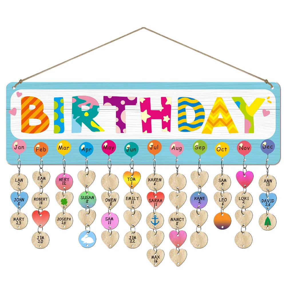 Wood Birthday Reminder Calendar Wall Hanging Board & Hemp Rope