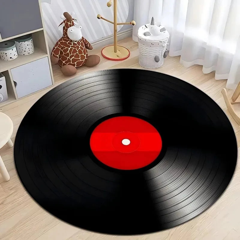 Vinyl Record Round Area Rug – Music Game Room Carpet Mat