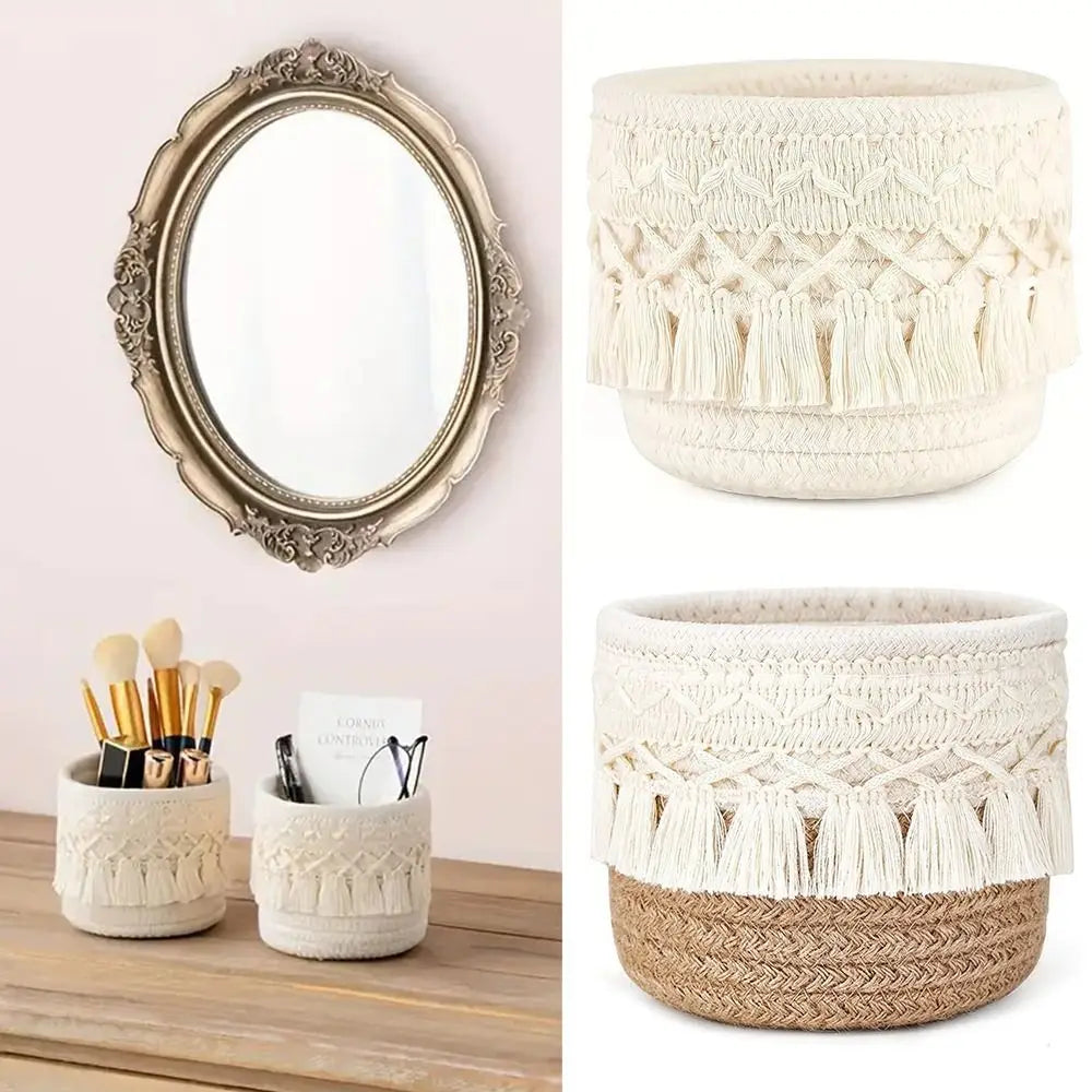 Cotton Rope Tassel Desktop Storage Basket | Woven Organizer