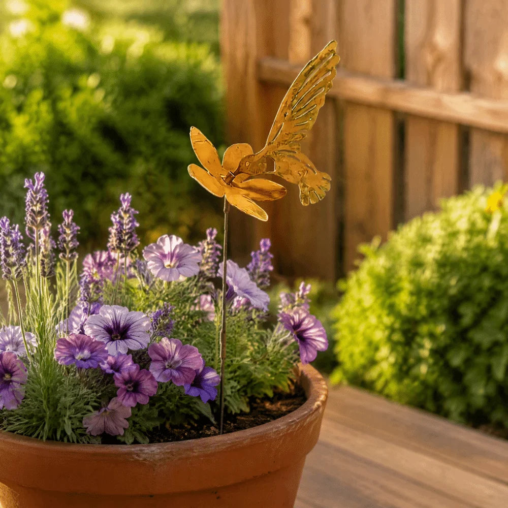 Gold Hummingbird Metal Garden Stake – Farmhouse Yard Décor