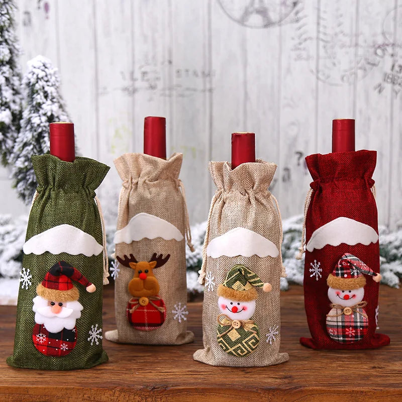 Christmas Linen Wine Bottle Gift Bag | Festive Holiday Wrap