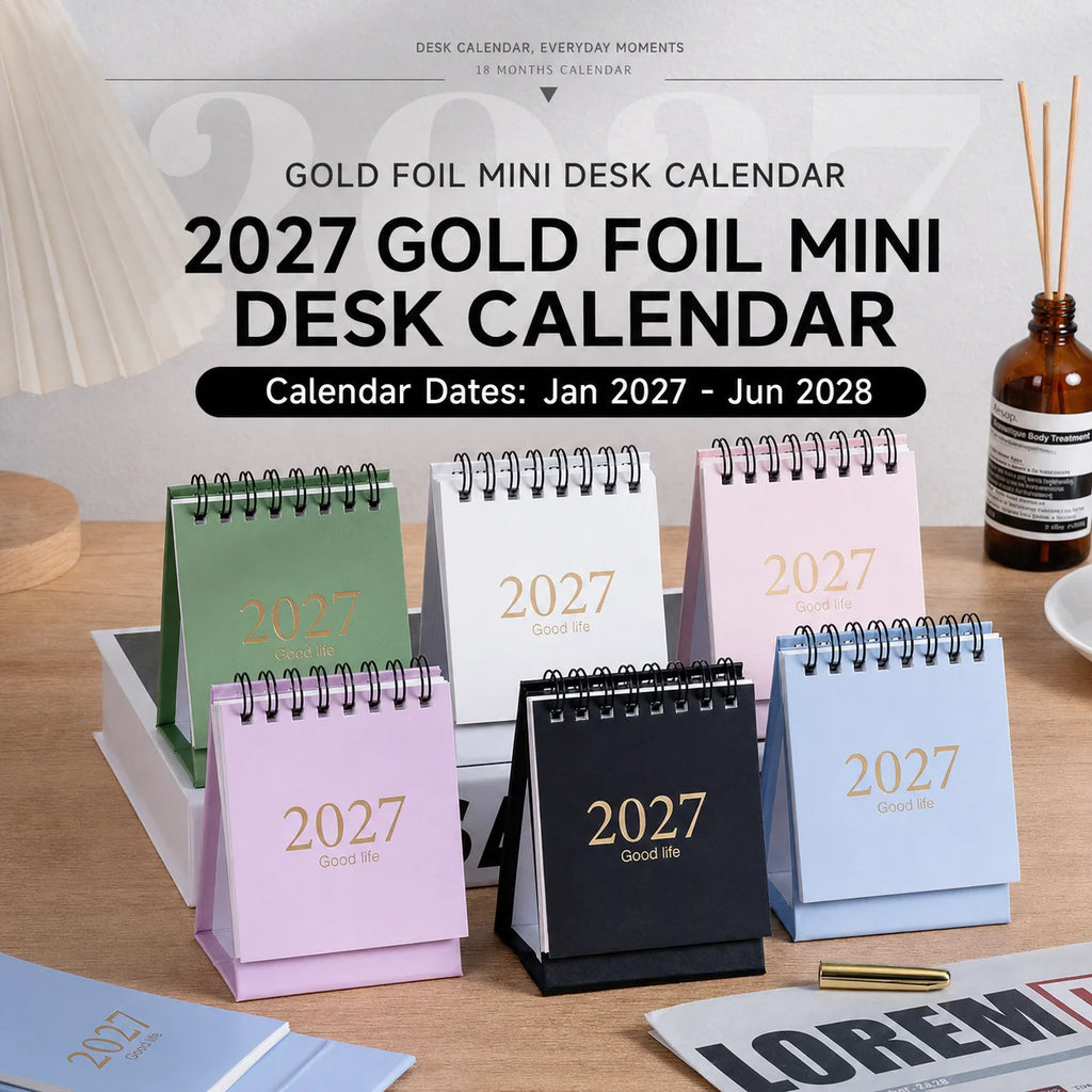 Mini Desktop Calendar 2027–2028 | Foil Stamped Morandi Planner