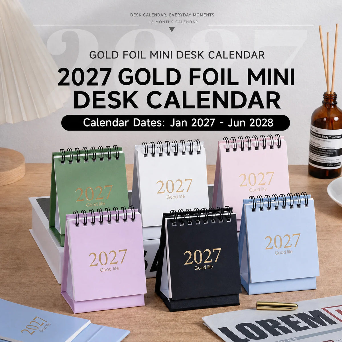 Mini Desktop Calendar 2027–2028 | Foil Stamped Morandi Planner