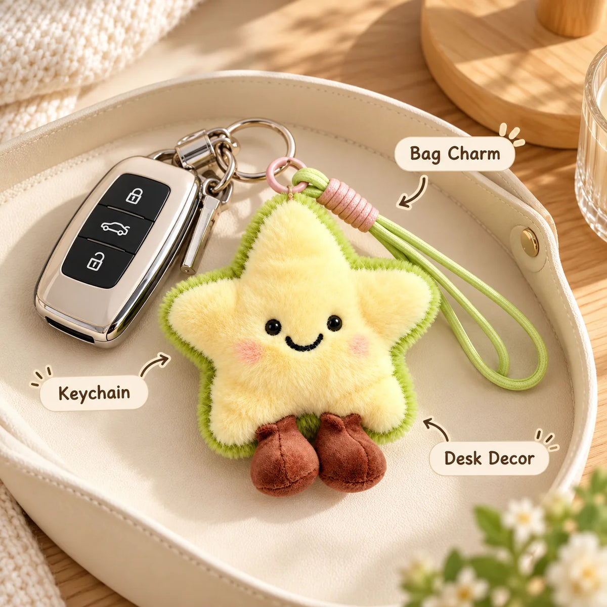 Kawaii Plush Star Keychain – Cute Smiley Stuffed Bag Charm