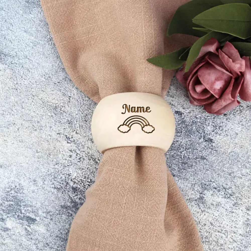 Personalized Rainbow Wooden Napkin Rings – Custom Name Gift