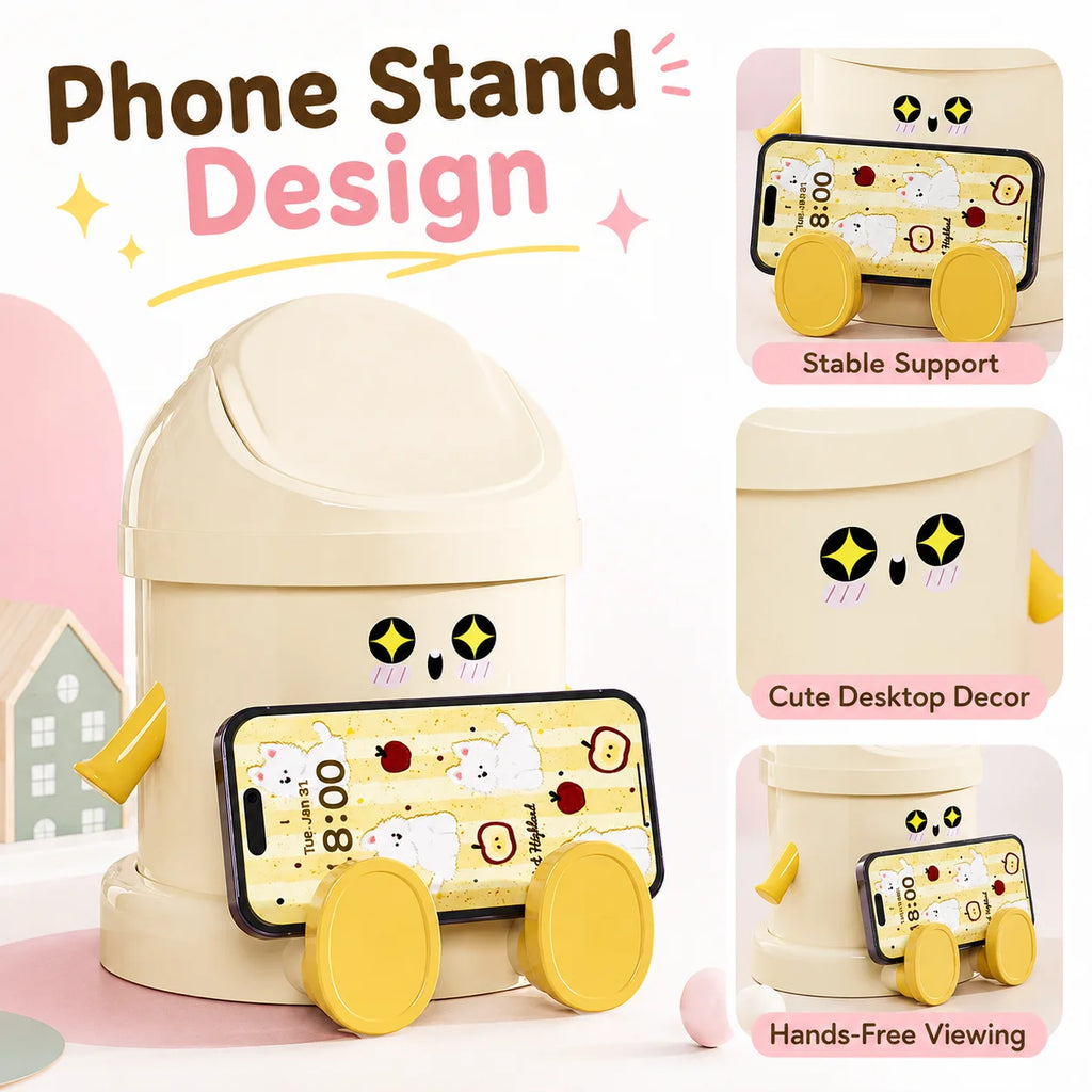 Cartoon Desktop Trash Can with Phone Stand & Flip Lid