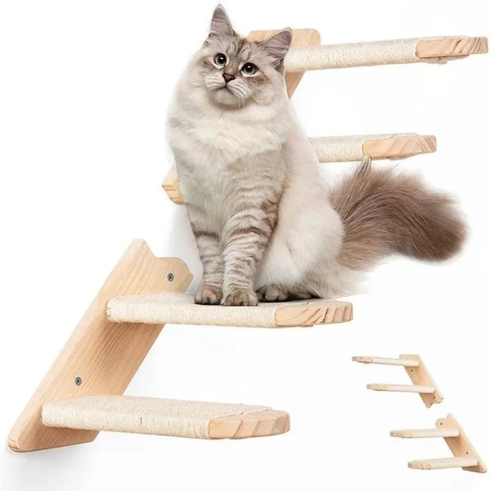 Wooden Wall-Mounted Cat Climbing Shelf & Sisal Scratcher