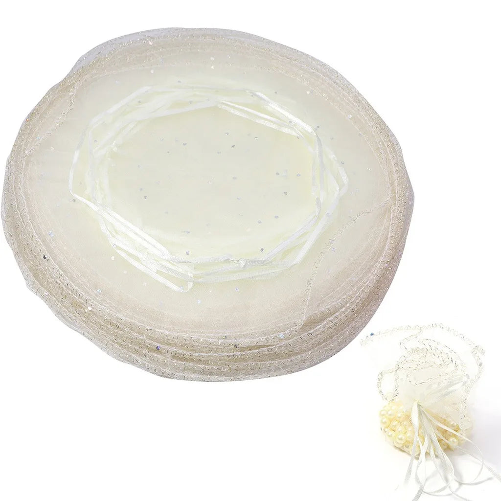 Round Organza Drawstring Gift Pouches – 10pc Sequin Tulle