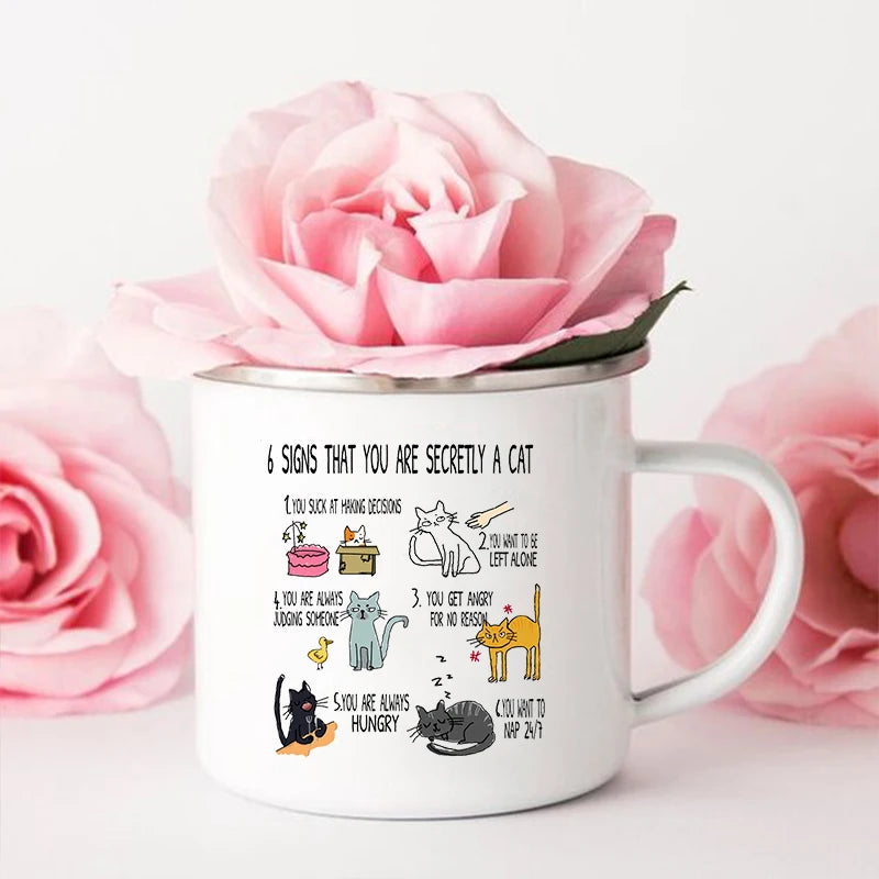"6 Signs You're Secretly a Cat" Funny Enamel Coffee Mug