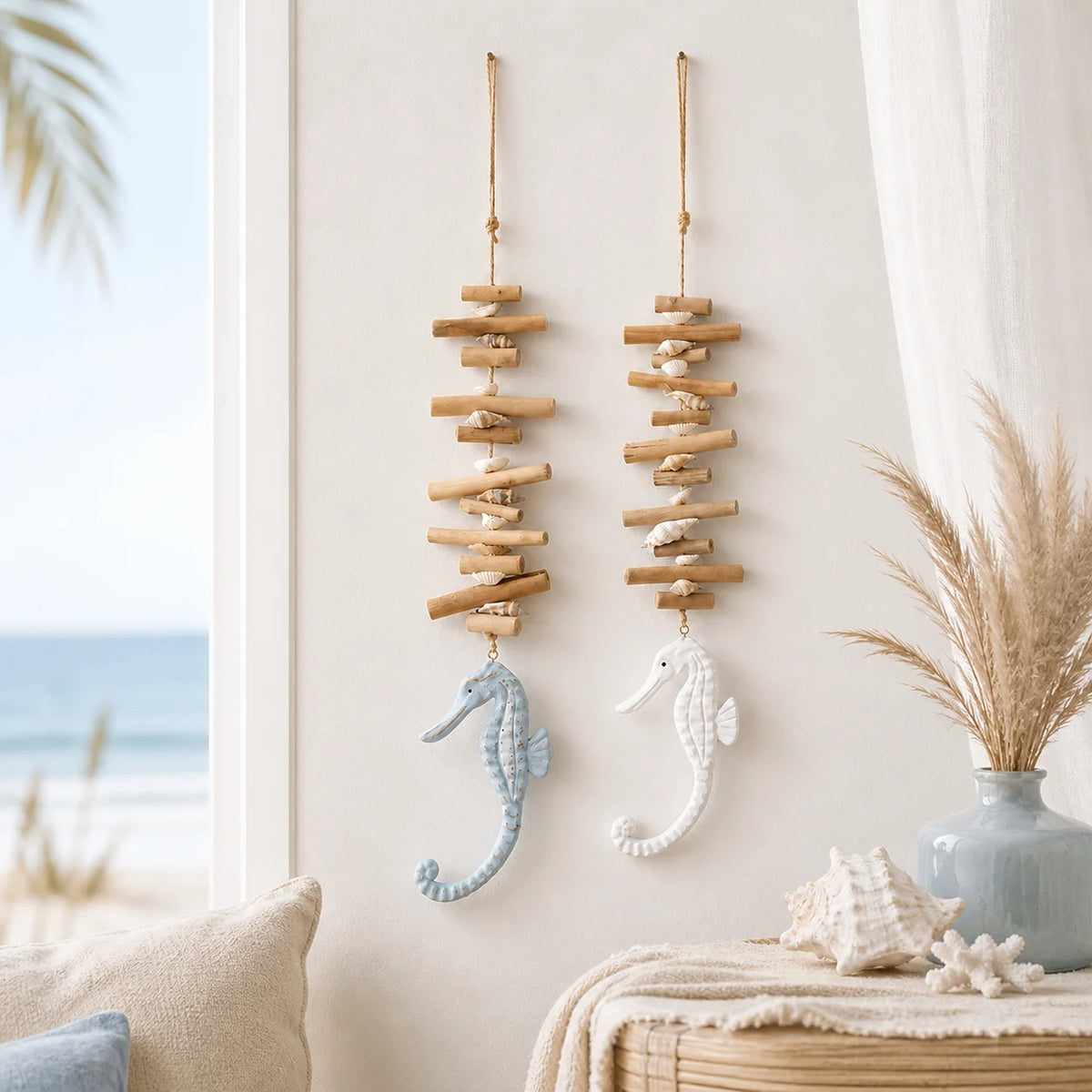 Coastal Seahorse Wall Hanging – Driftwood & Shell Nautical Decor