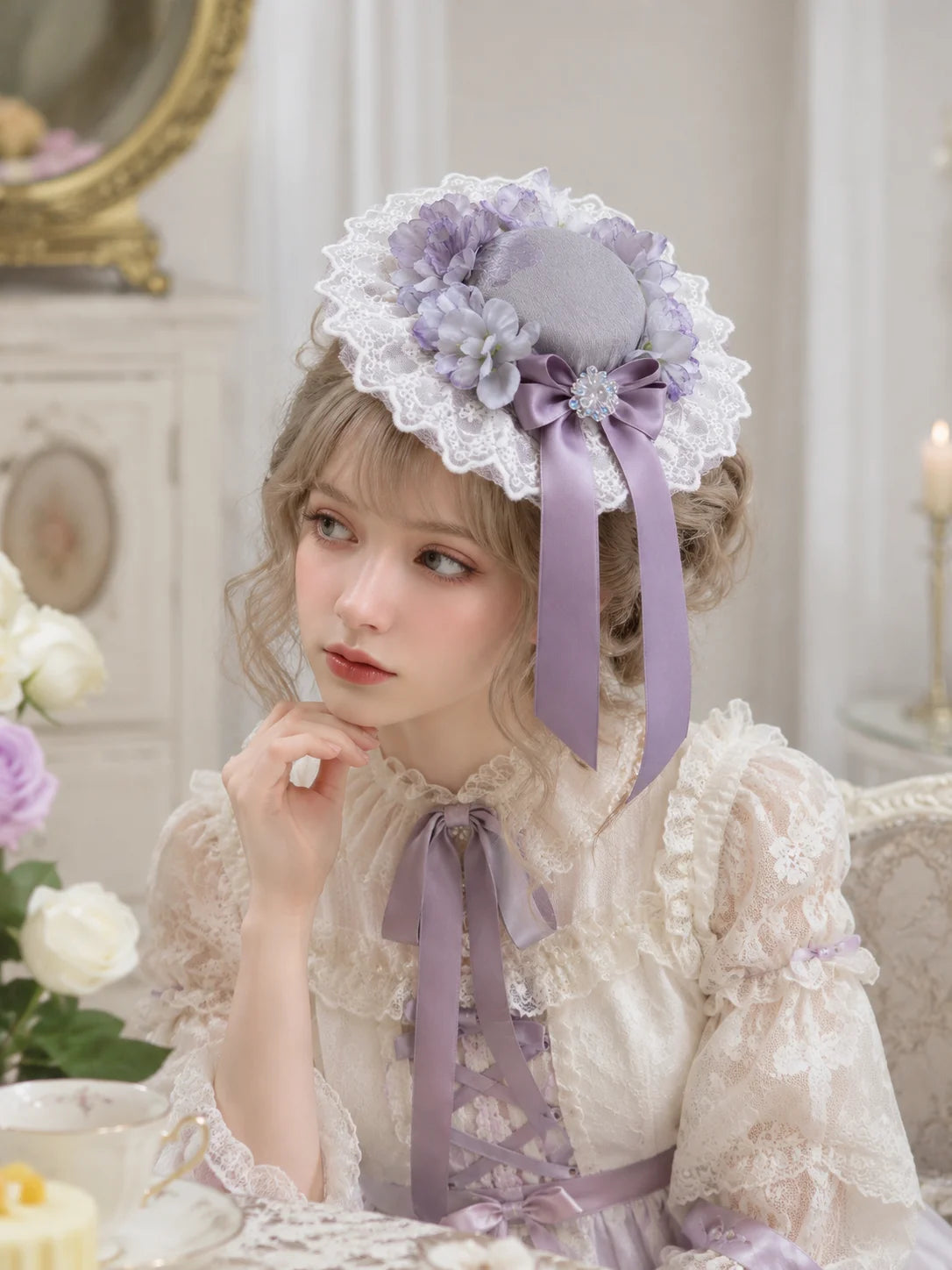 Lolita Floral Lace Mini Hat Fascinator with Lavender Bow