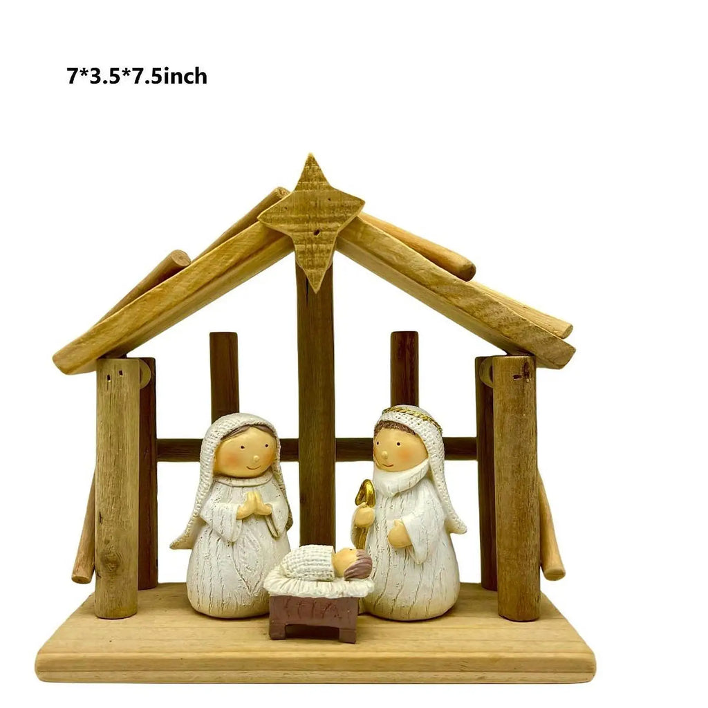 Nativity Scene Figurine – Wood Resin Christmas Manger Statue