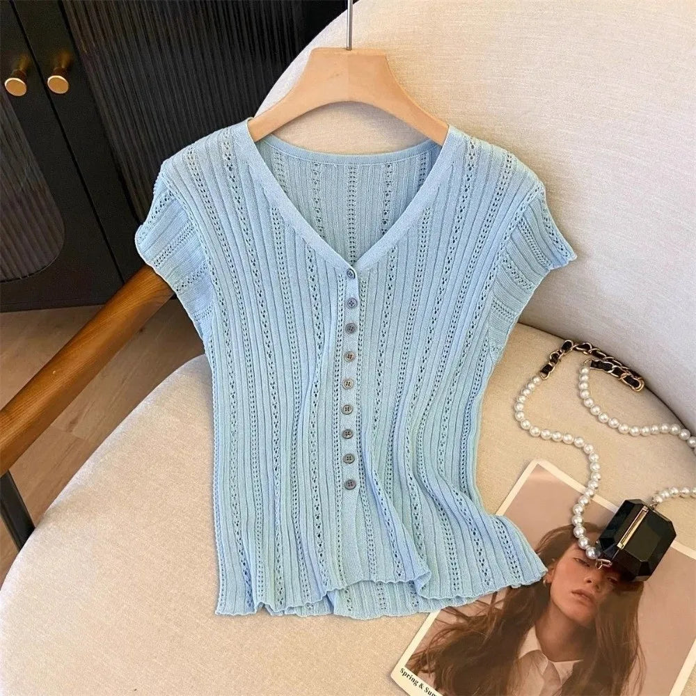 Women's Ice Silk V-Neck Hollow Knit Cardigan Short Sleeve Top