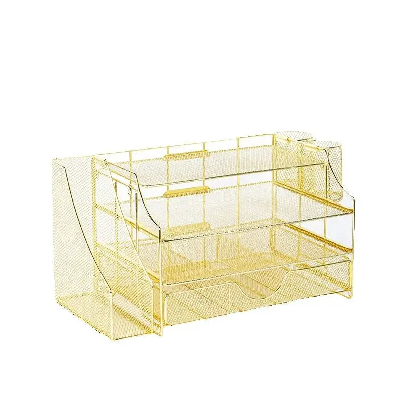 Iron Desktop File Storage Rack – Rose Gold Grid Organizer