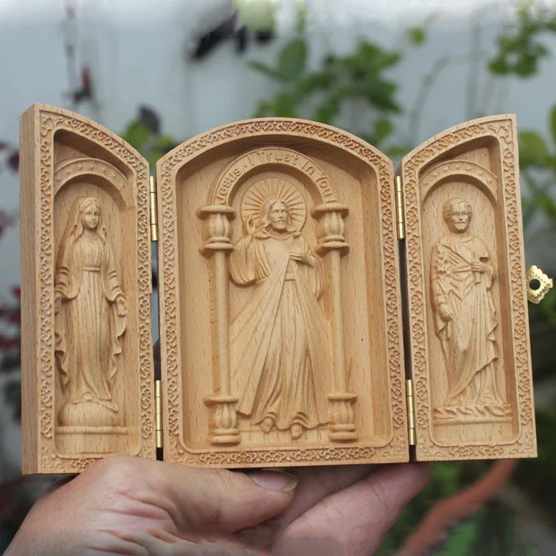Catholic Wooden Triptych Shrine Box – Carved Religious Altar
