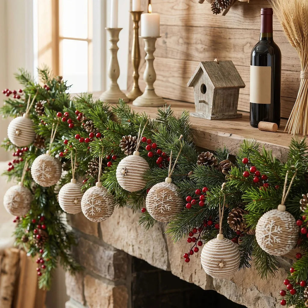 Rustic Christmas Ball Ornaments 12-Piece Jute Foam Set