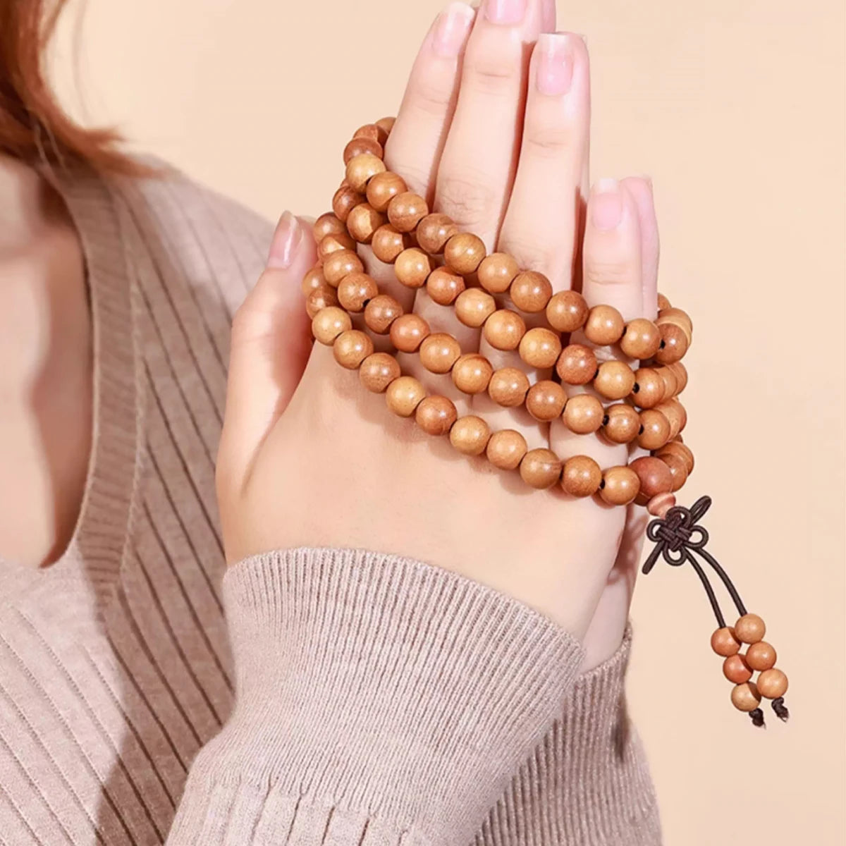 Natural Peach Wood 108 Beads Mala Bracelet | Unisex Spiritual Gift
