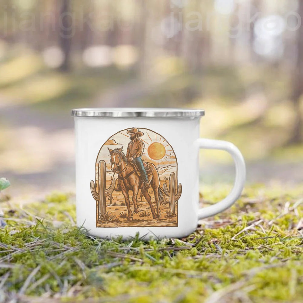 West Cowboy Camping Enamel Mug – Campfire Adventure Gift