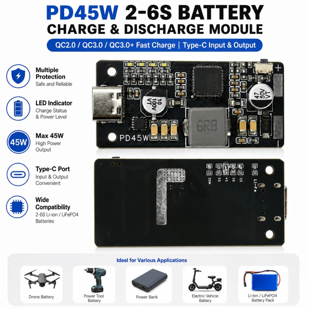 PD 45W 2–6S Li-Ion/LFP Battery Charge Discharge Module