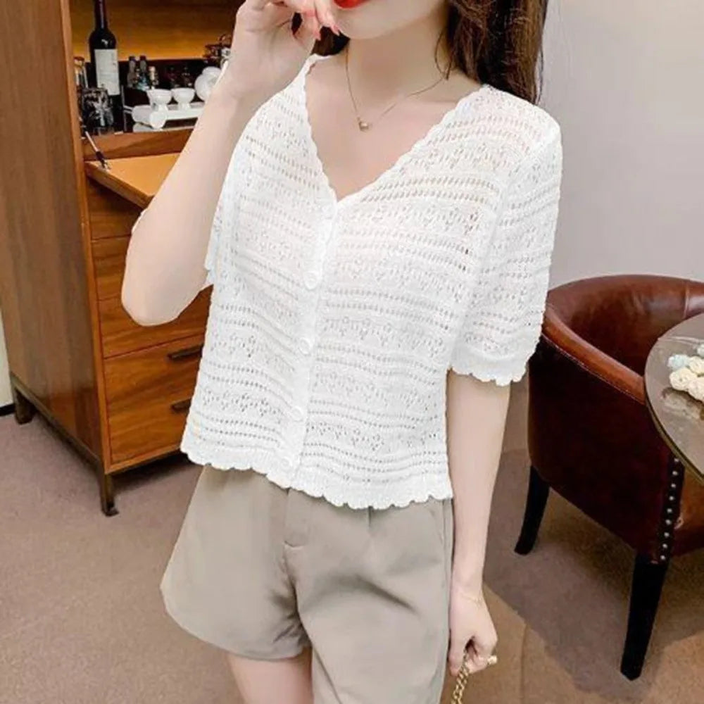 Women's Hollow Knit V-Neck Cardigan | Casual Summer Top