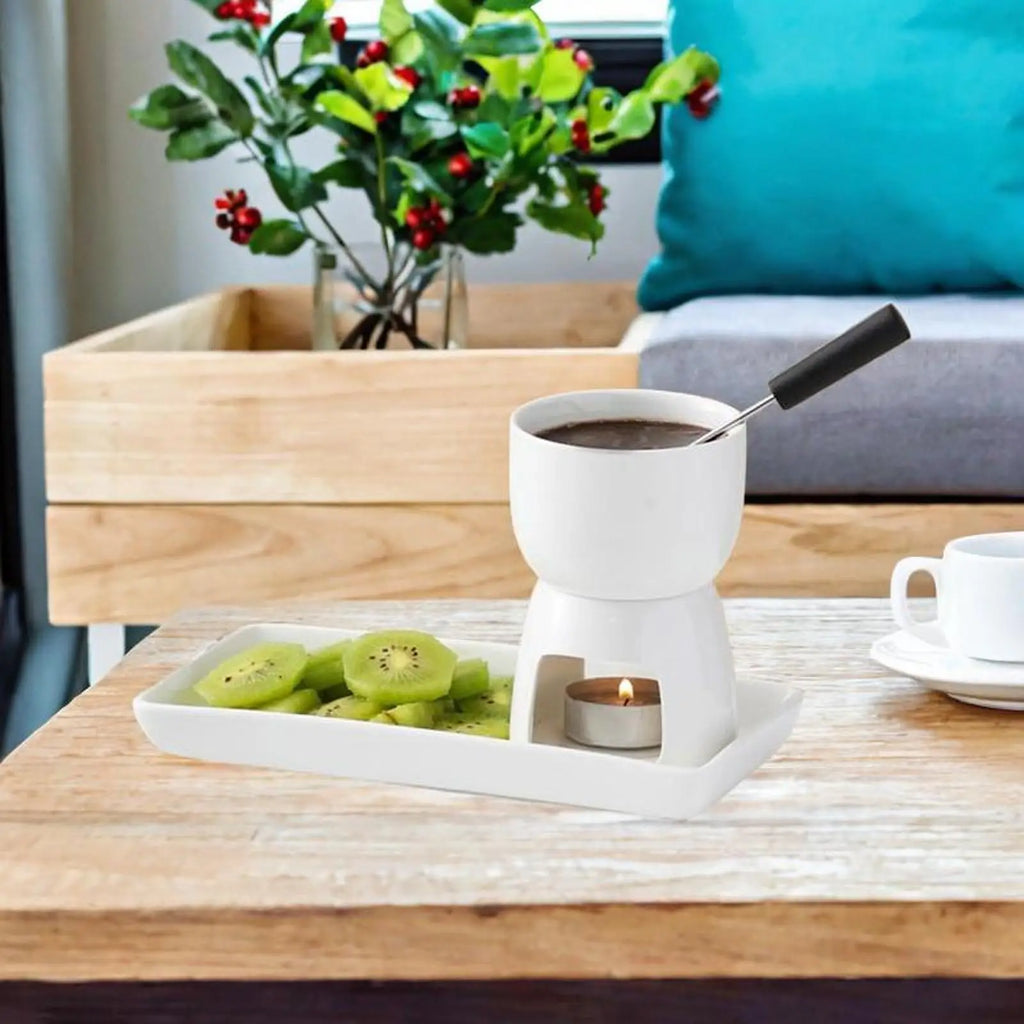 Porcelain Fondue Pot Set with Tray & Forks – Chocolate Cheese