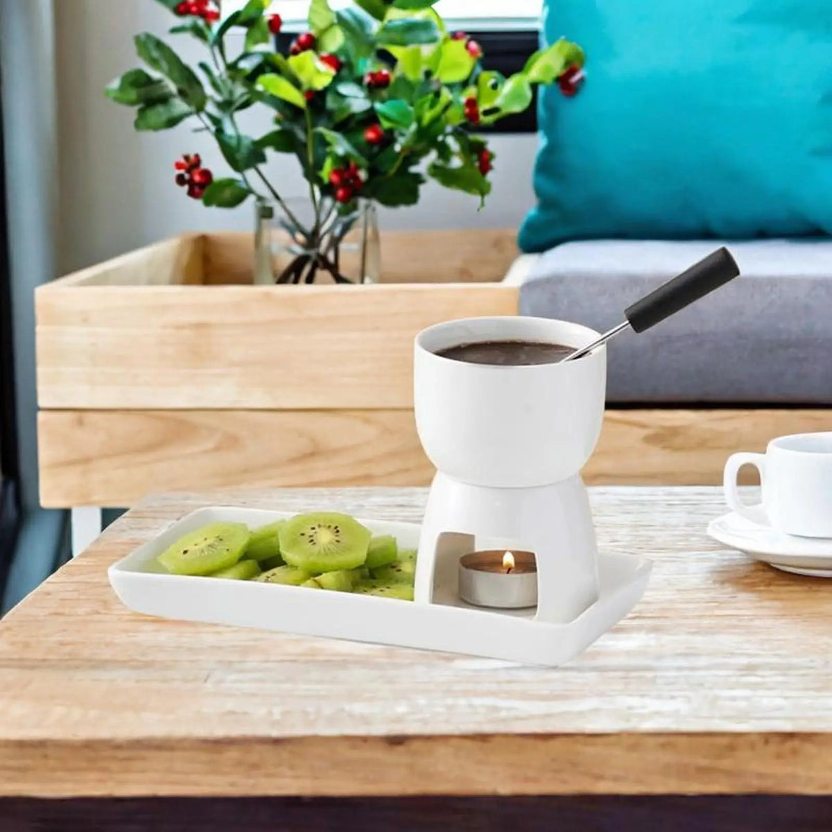 Porcelain Fondue Pot Set with Tray & Forks – Chocolate Cheese