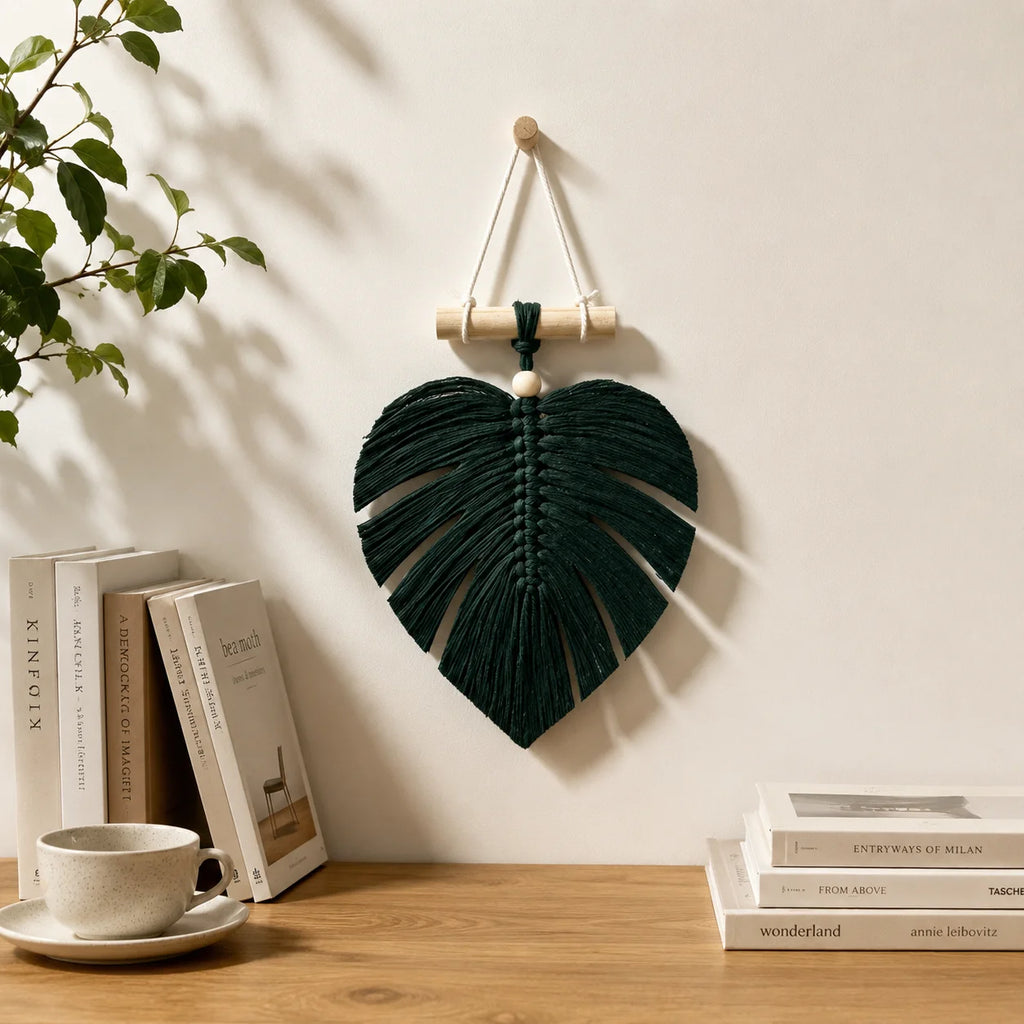 Boho Macrame Leaf Wall Hanging – Handmade Cotton Monstera Decor