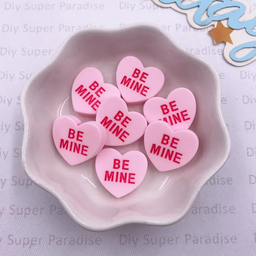 Resin Heart "BE MINE" Flat Back Cabochons – 10pcs DIY Crafts
