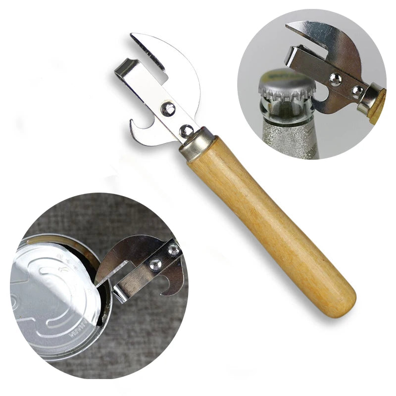 Wooden Handle Stainless Steel Manual Can & Bottle Opener