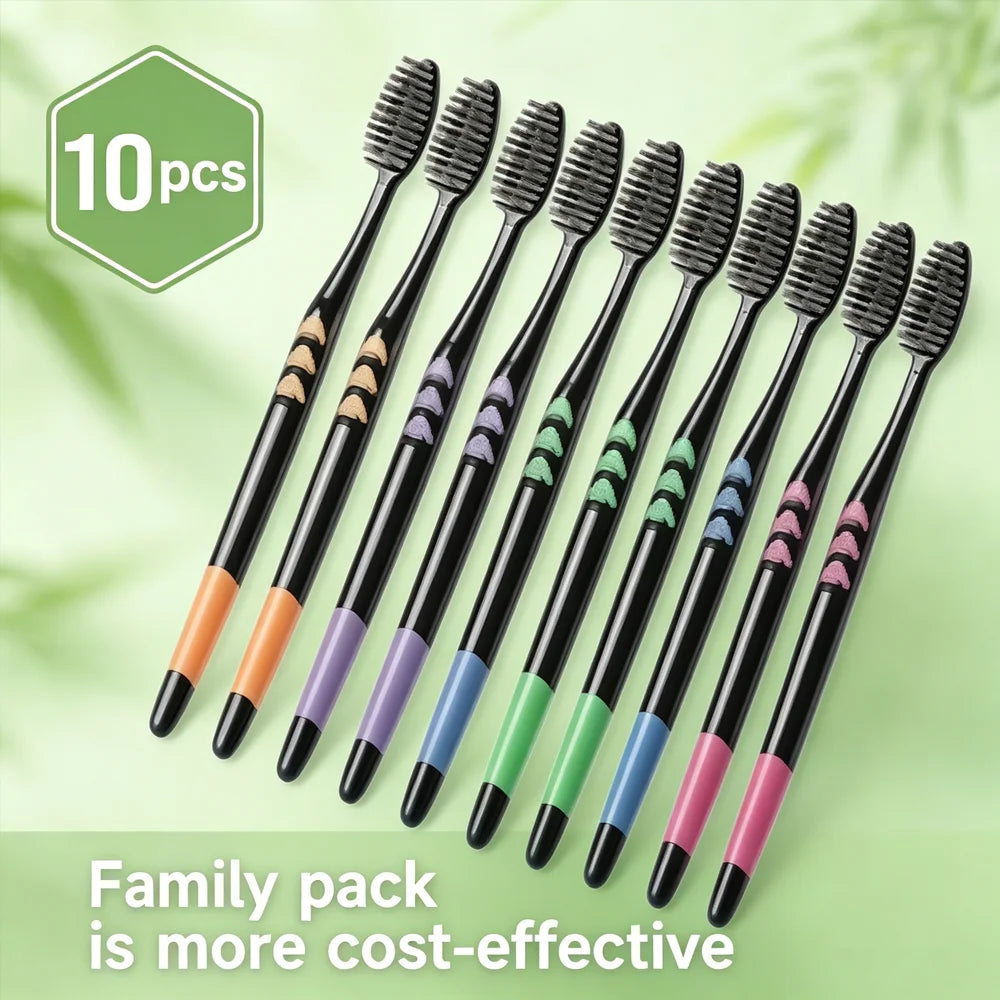 10-Pack Bamboo Charcoal Soft Bristle Toothbrush Set