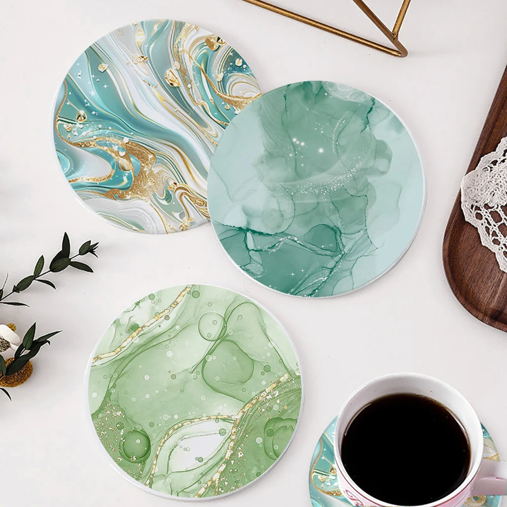 Watercolor Abstract Ceramic Coaster with Cork Base | Round