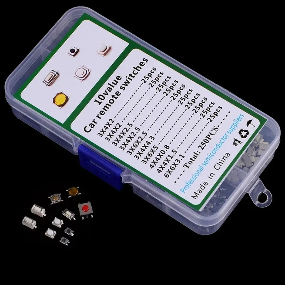 250-Piece Tactile Push Button Microswitch Set – 10 Types