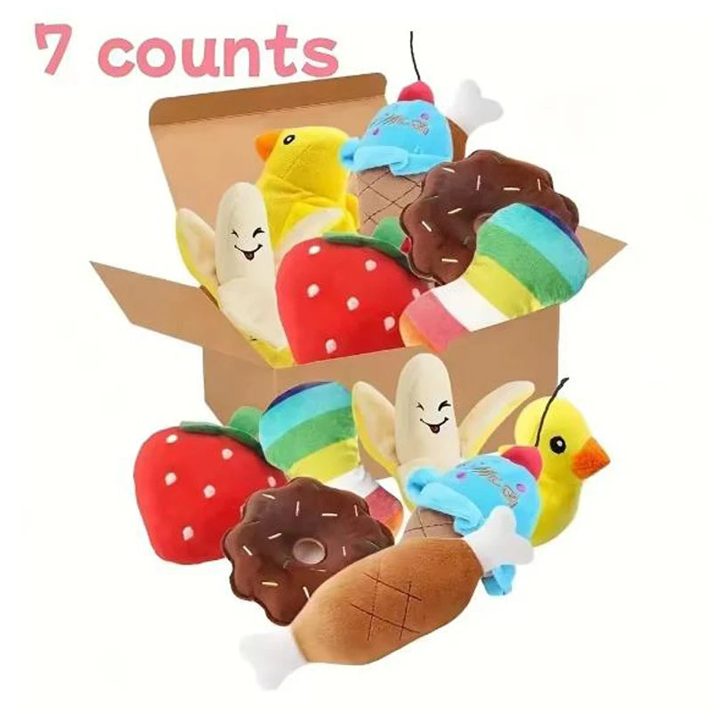 7-Piece Plush Squeaky Puppy Toy Set – Fruit & Veggie Dog Toys