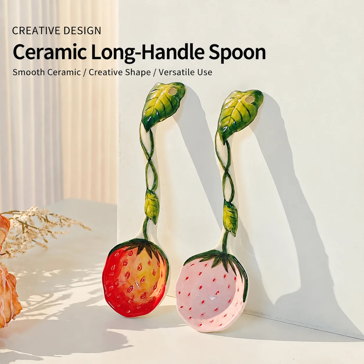 Hand-Painted Ceramic Strawberry Spoon – Long Handle Kitchen