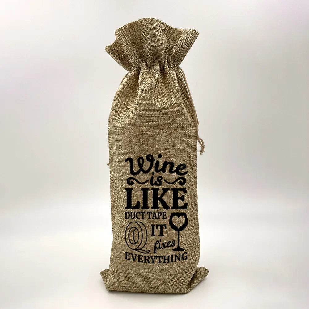 Wine Print Burlap Drawstring Bag – Reusable Eco Gift Pouch