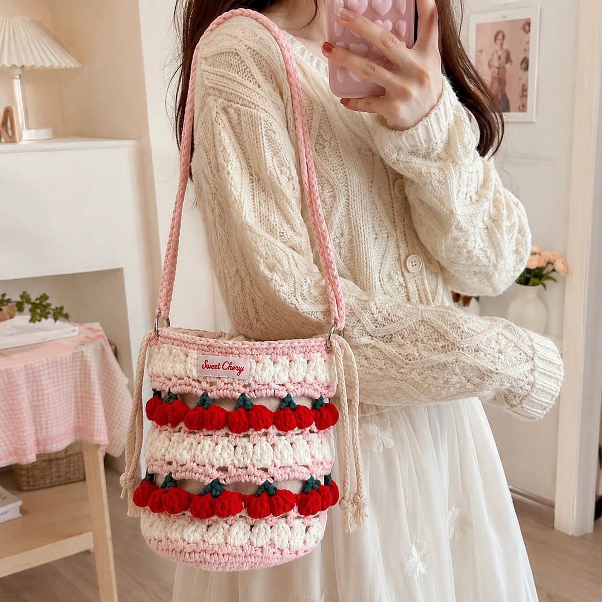 Cherry Crochet Bucket Bag – Hand Woven Women's Shoulder Bag