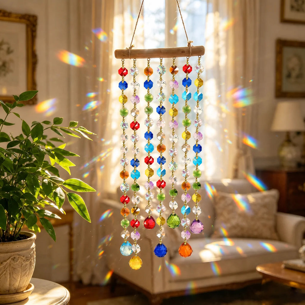 Crystal Bead Wooden Sun Catcher Rainbow Wind Chime Decor