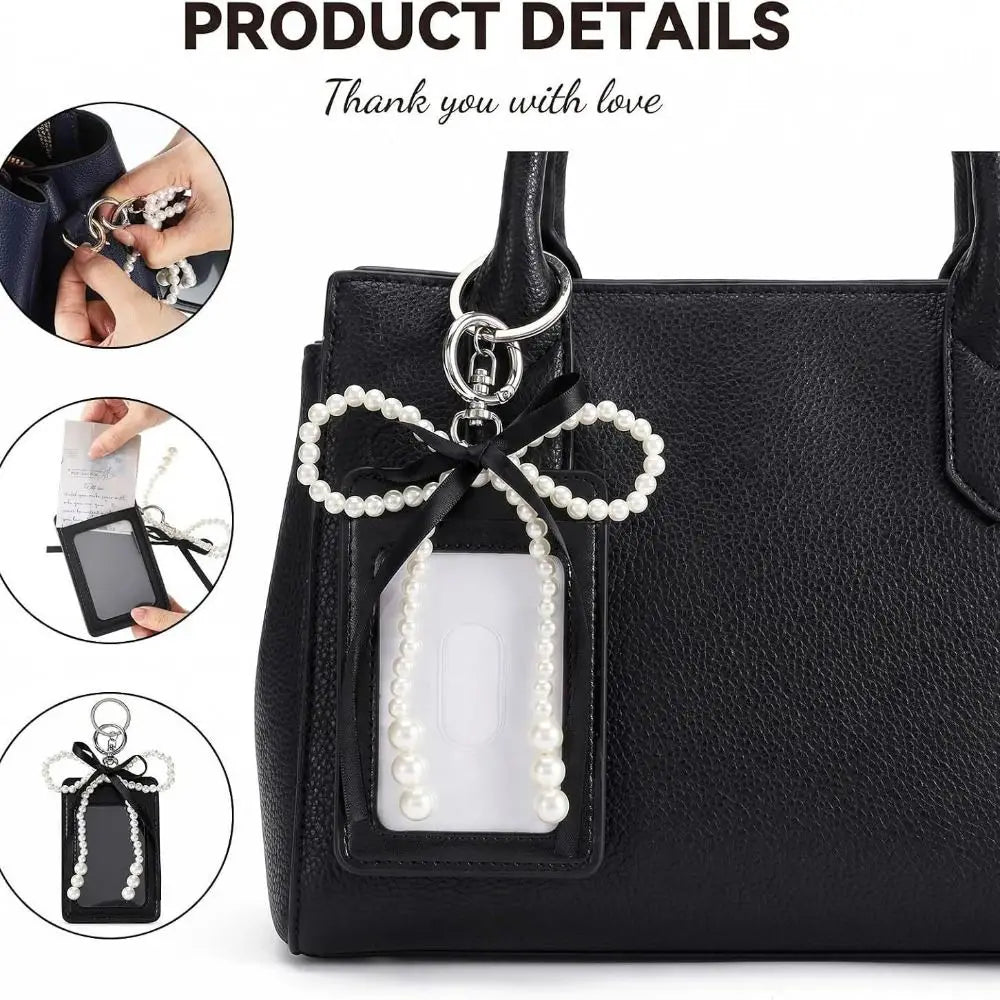 Cute Pearl Bow Photocard Holder Keychain | PU Leather