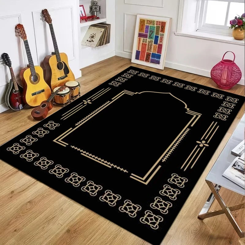 Islamic Prayer Mat – Black Gold Floral Non-Slip Worship Rug