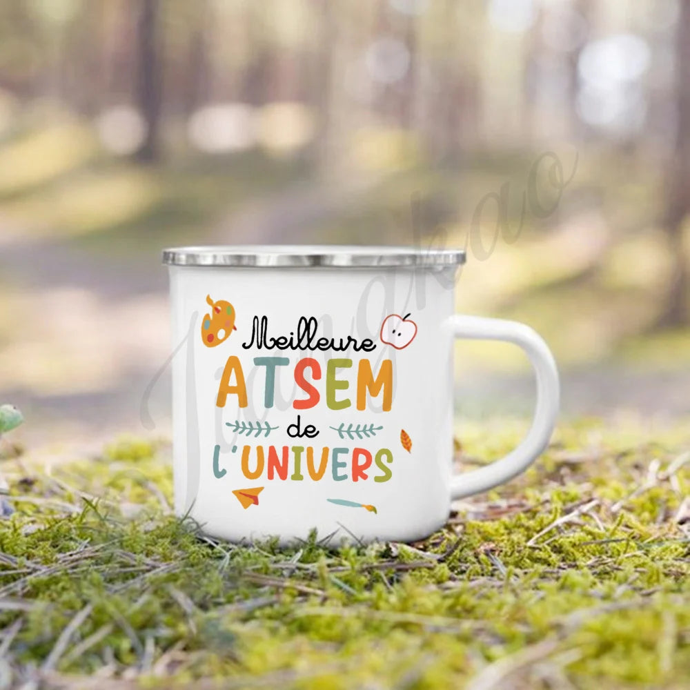Teacher Gift Enamel Coffee Mug – Vintage Cartoon Print