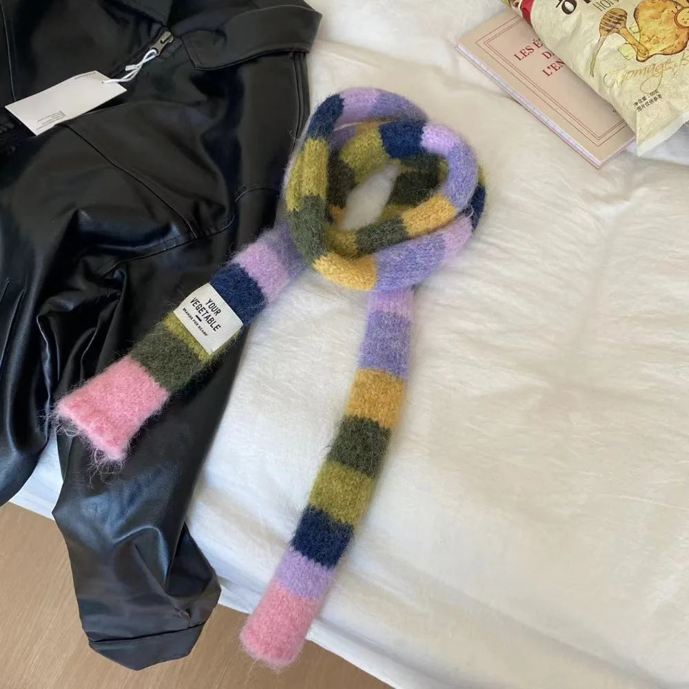 Y2K Rainbow Stripe Knitted Scarf – Slim Colorful Winter Scarf