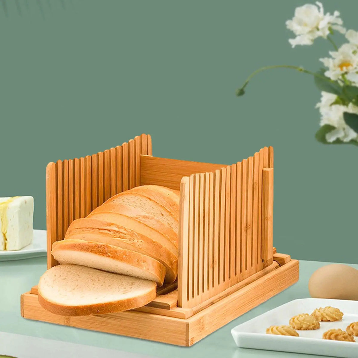 Bamboo Bread Slicer with Crumb Tray | Foldable Loaf Guide