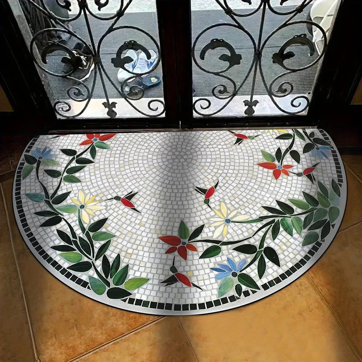Vintage Mosaic Floral Half Round Doormat | Anti-Slip Welcome Mat