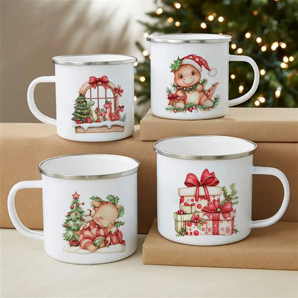 Christmas Deer Dinosaur Enamel Mug – Festive Kids Gift