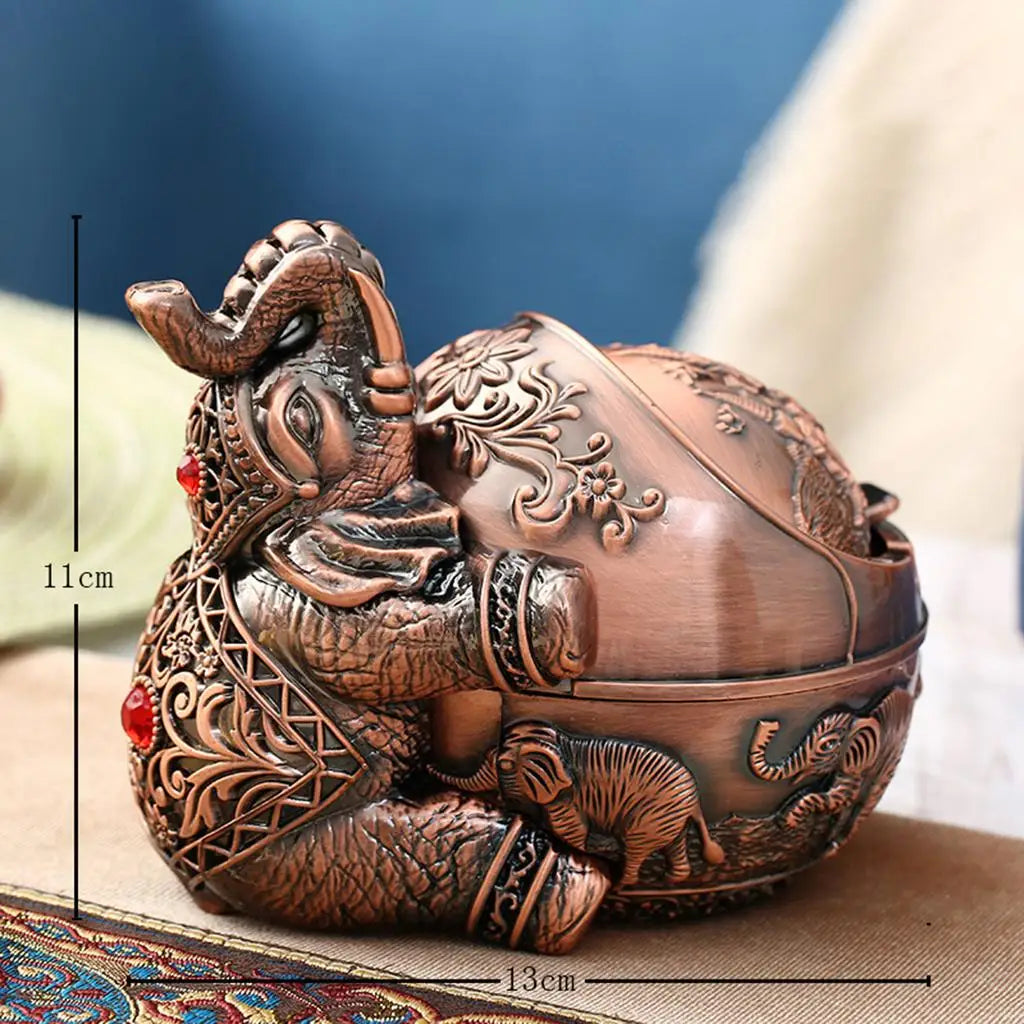 Vintage Elephant Ashtray with Windproof Lid – Zinc Alloy Decor