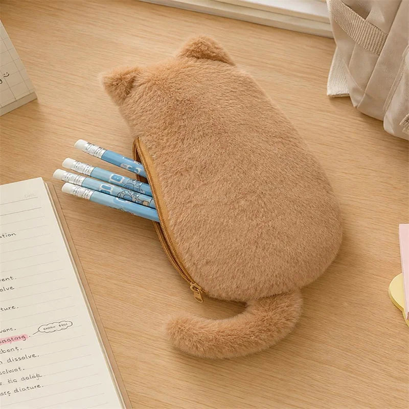 Cartoon Cat Plush Pencil Case – Large Capacity Pen Pouch