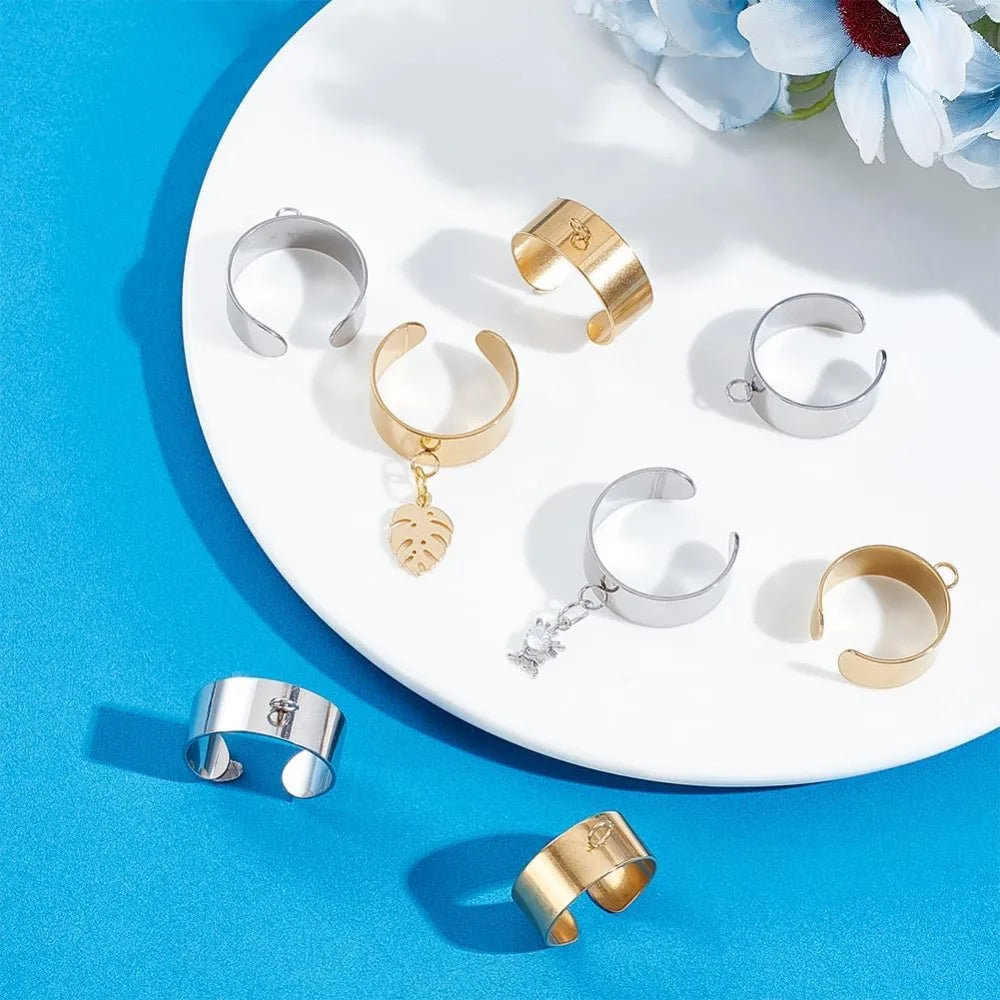 20Pcs Stainless Steel Adjustable Open Cuff Ring Bases with Loop