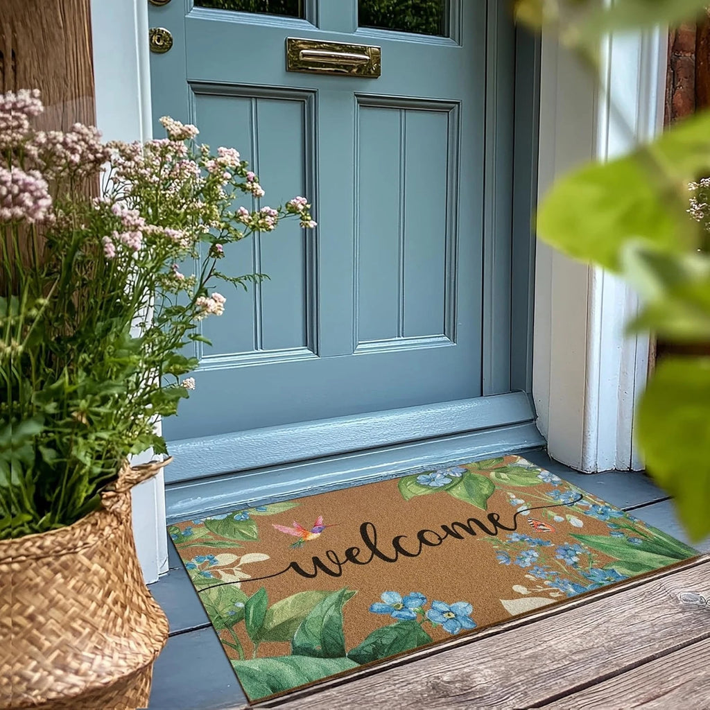 Floral "You Are Welcome Here" Non-Slip Washable Doormat