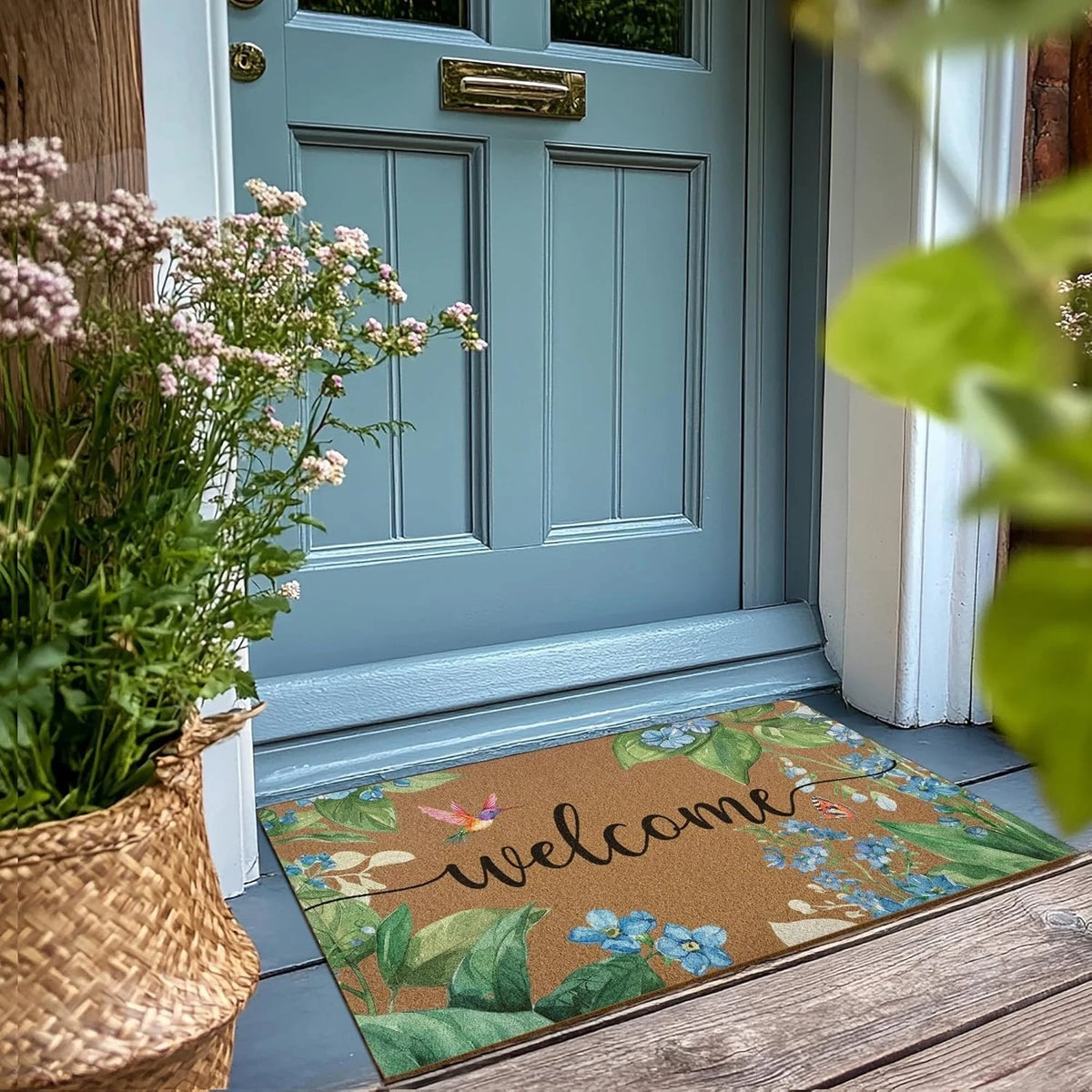Floral "You Are Welcome Here" Non-Slip Washable Doormat